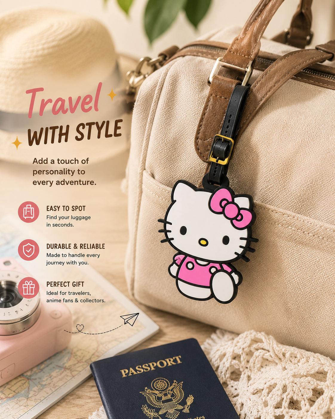 Kitty luggage tag attached to a beige travel bag with a passport and camera nearby
