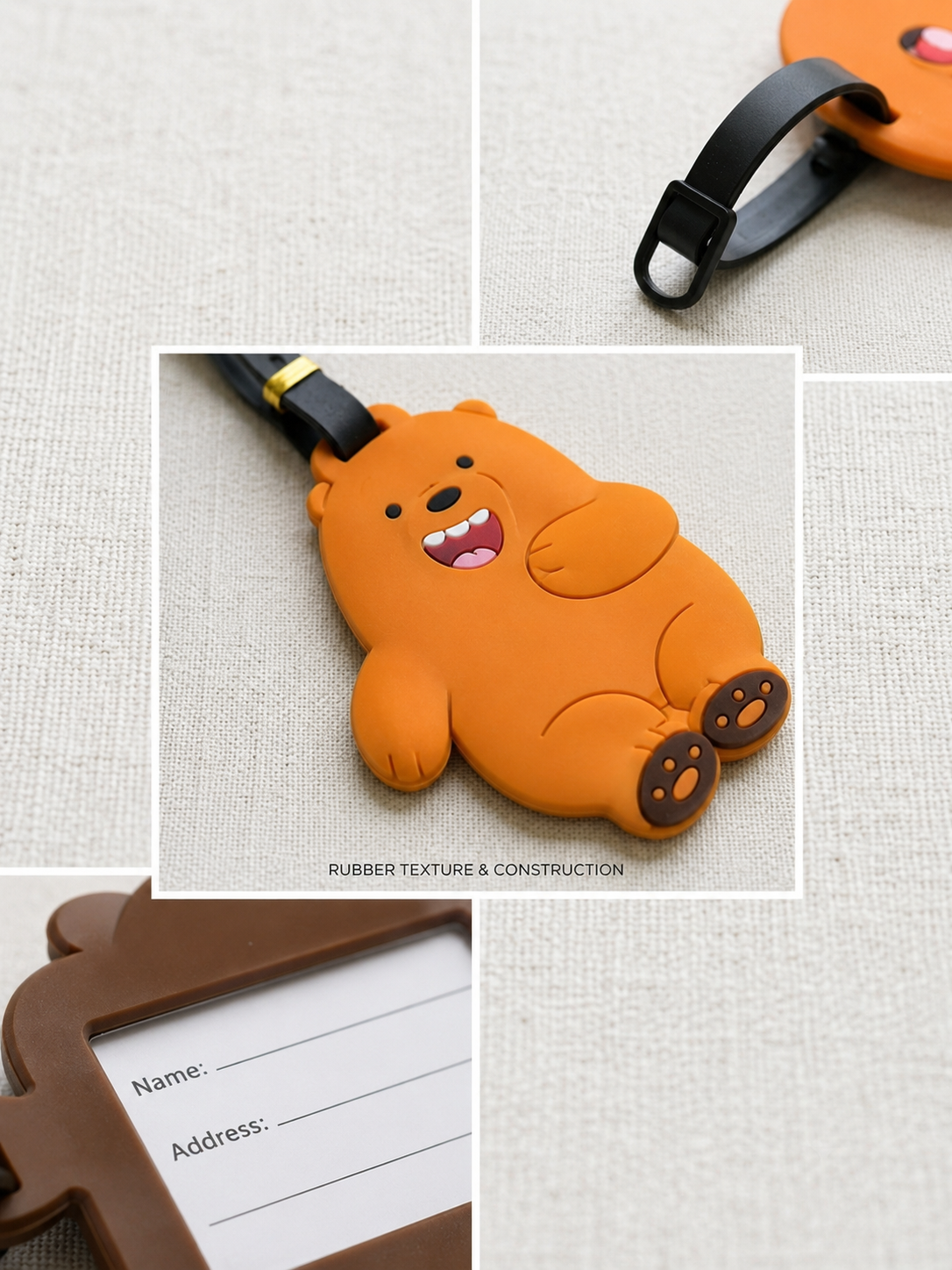 Bear luggage tag with rubber construction and back side identification card slot