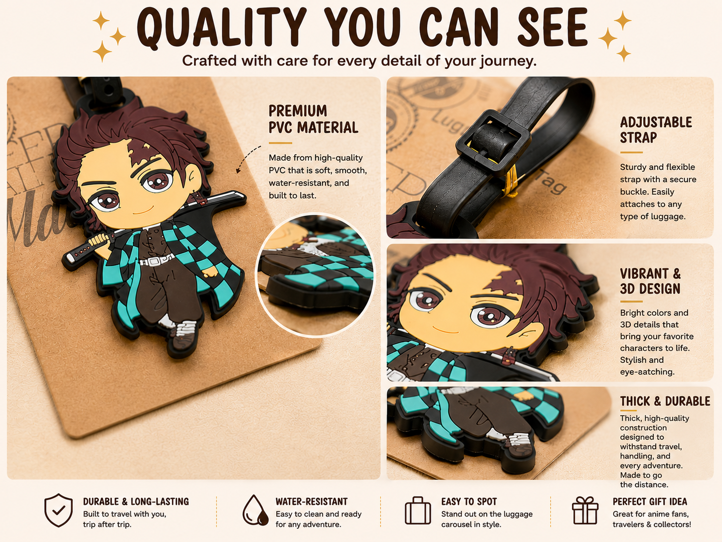 Infographic showing features of an anime luggage tag including PVC material, adjustable strap, and 3D design