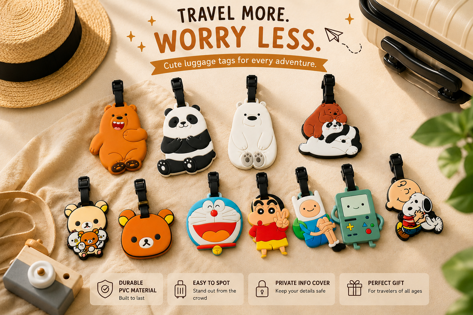 Assortment of colorful cartoon character luggage tags on a beige fabric background
