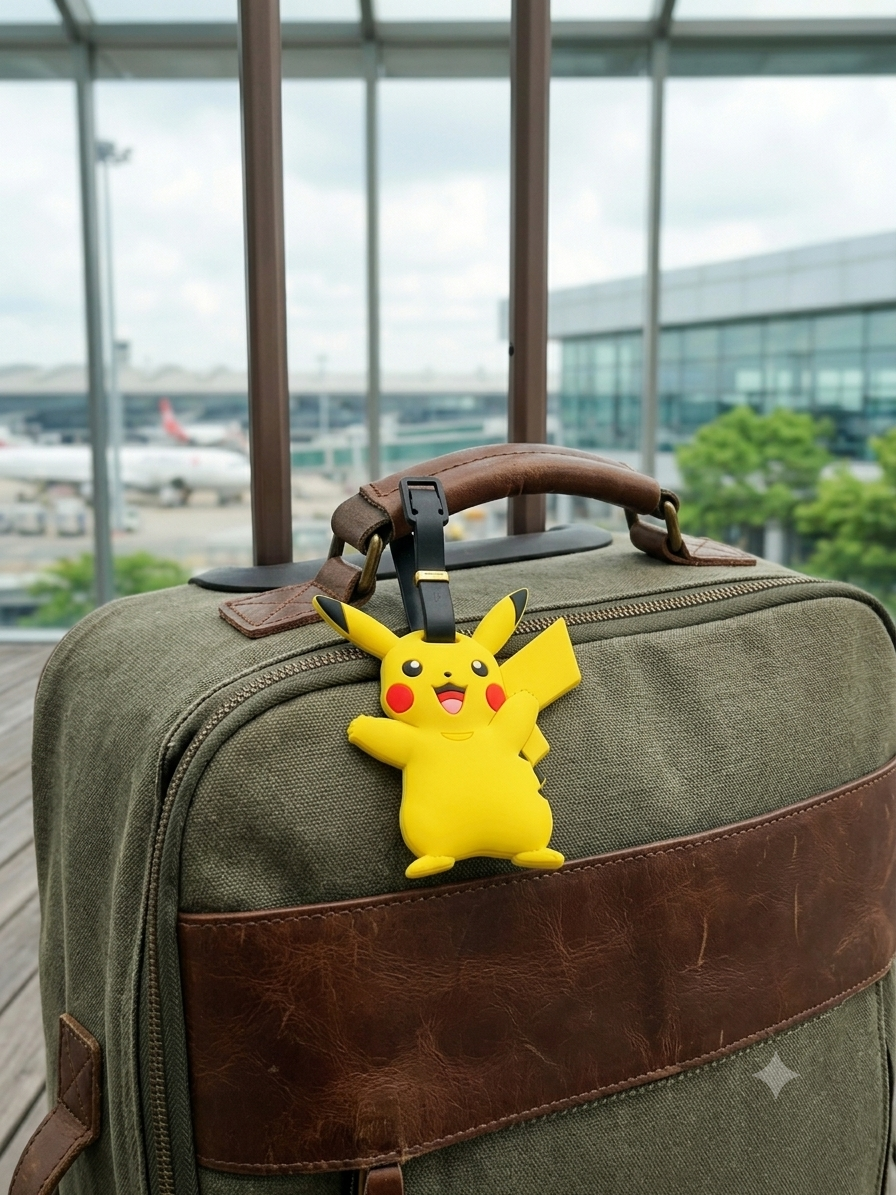 A yellow character luggage tag hanging from a brown leather strap on an olive green canvas suitcase with a brown leather stripe, set against a blurred airport terminal background.