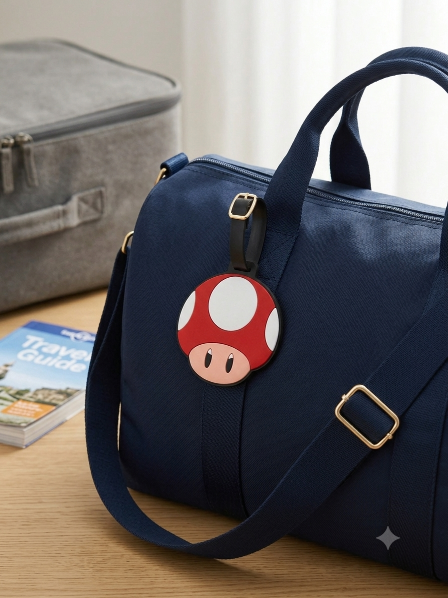Red mushroom Game Luggage Tag attached to a navy blue duffel bag