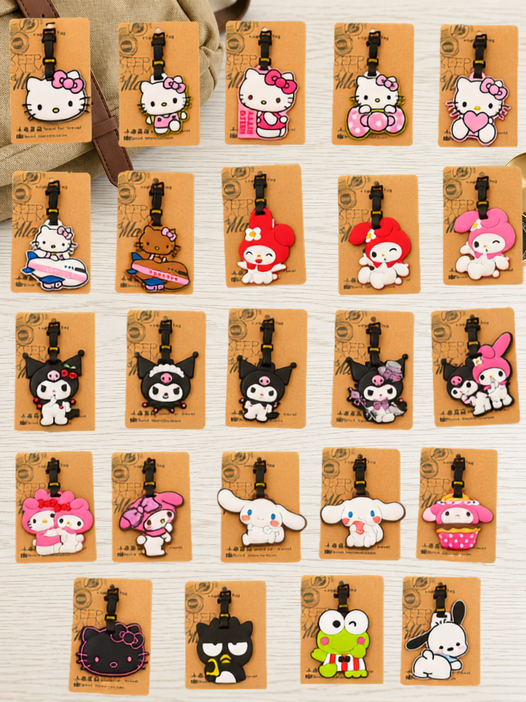 Collection of cute character Kitty luggage tags on display cards
