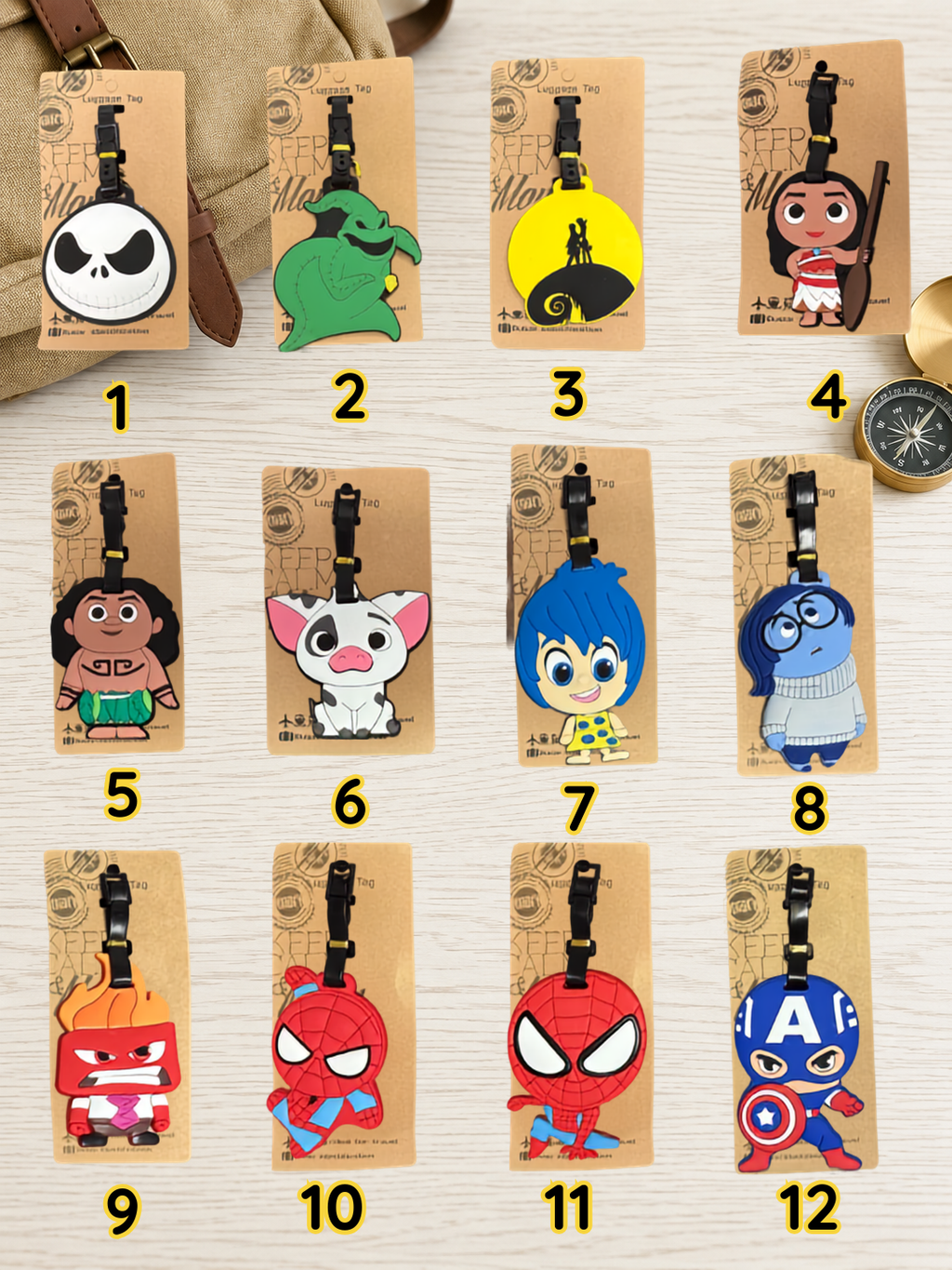 Twelve assorted character Superheroes Luggage Tags on display cards