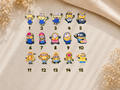 Fifteen numbered Minion shoe charms arranged in three rows on a beige background