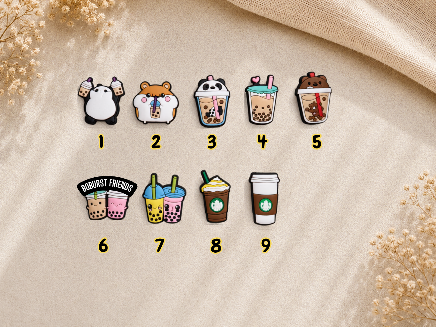 Nine numbered Boba Kawaii shoe charms featuring various boba tea and coffee cup designs