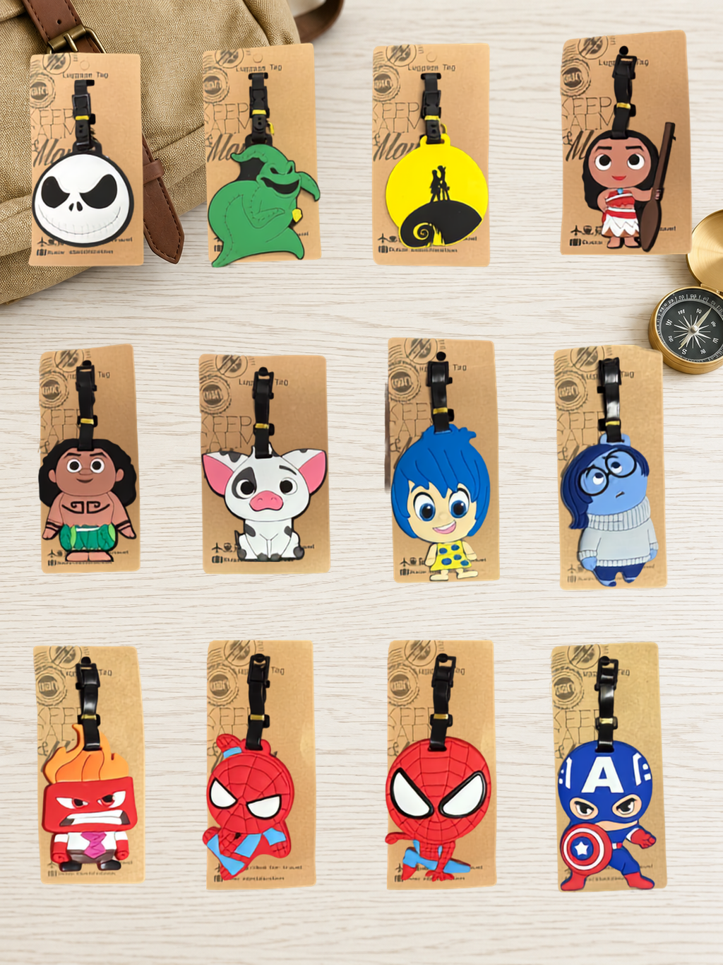 Collection of twelve character luggage tags including superheroes and movie characters on display cards