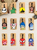 Collection of twelve character luggage tags including superheroes and movie characters on display cards